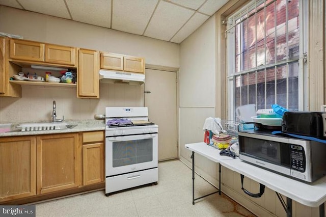 kitchen featuring a paneled ceiling, sink, and white gas range oven