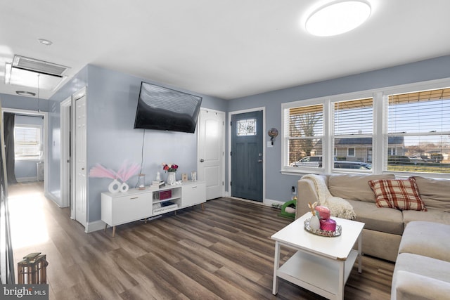 living room featuring dark wood-type flooring