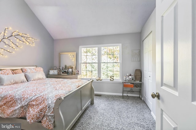 carpeted bedroom with a closet and vaulted ceiling