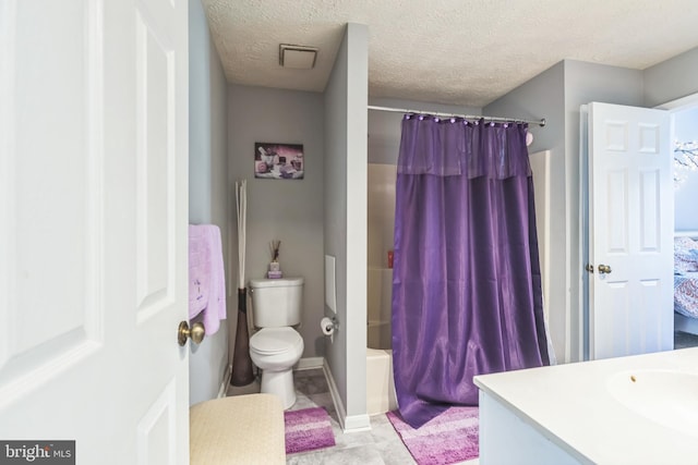 full bathroom with vanity, a textured ceiling, toilet, and shower / bathtub combination with curtain