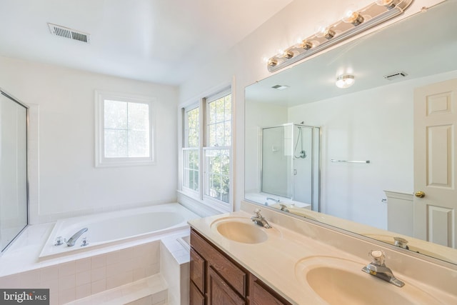 bathroom featuring vanity and independent shower and bath