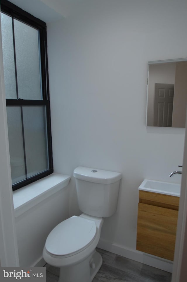 bathroom featuring vanity, wood-type flooring, and toilet