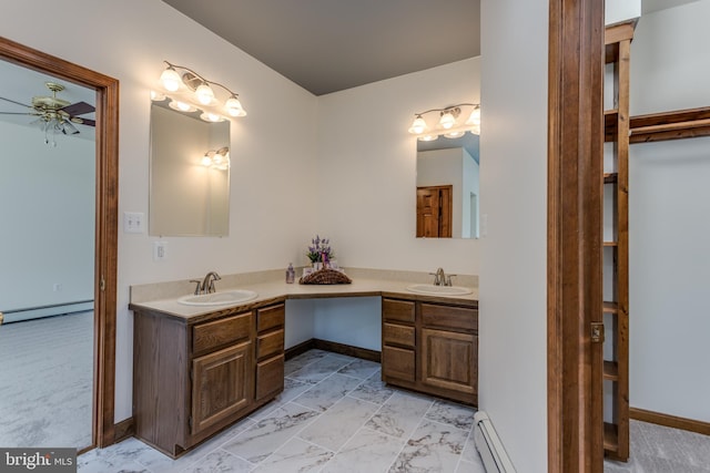 bathroom featuring vanity, a baseboard radiator, and ceiling fan