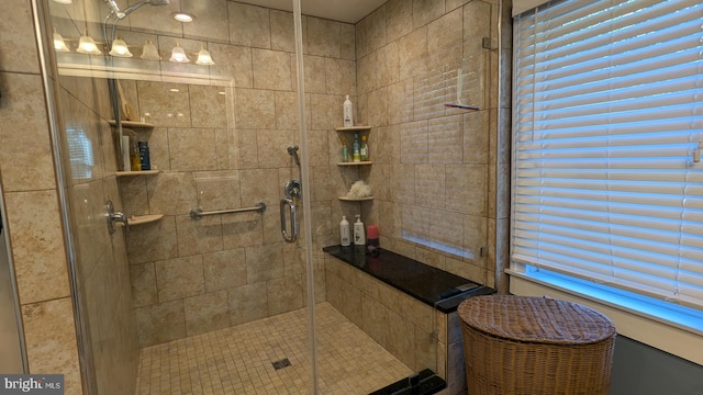 bathroom featuring a shower with shower door