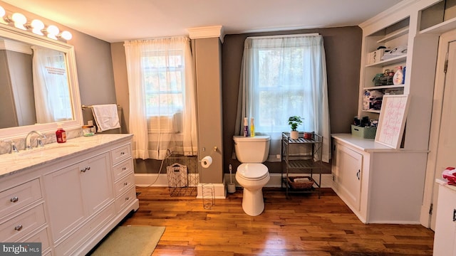 bathroom with toilet, vanity, and hardwood / wood-style flooring