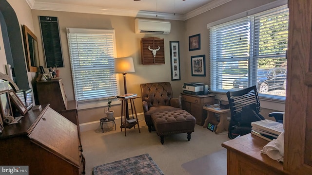 sitting room featuring carpet, a wall unit AC, and ornamental molding