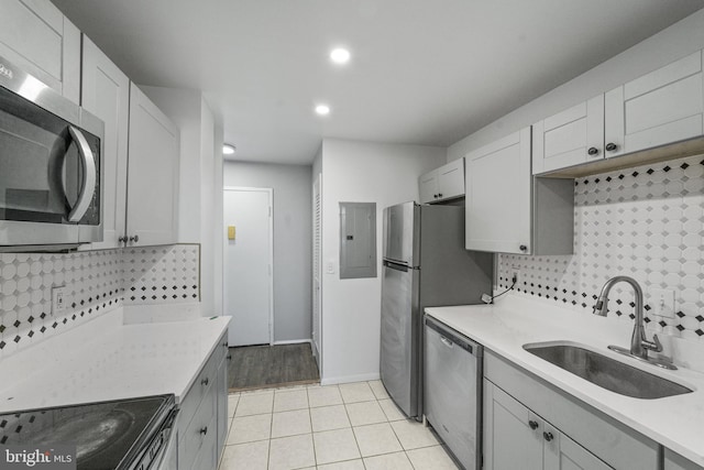 kitchen with sink, appliances with stainless steel finishes, electric panel, and backsplash