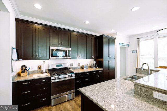 kitchen with crown molding, sink, stainless steel appliances, and light stone counters