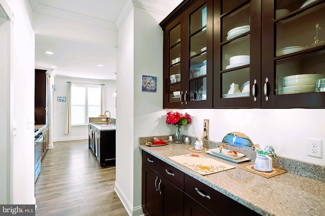 bar featuring sink, light stone counters, light wood-type flooring, and ornamental molding