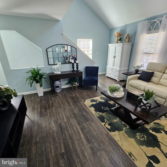 living room featuring dark hardwood / wood-style floors and high vaulted ceiling