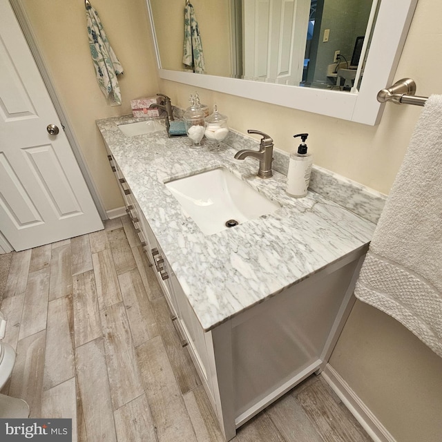 bathroom with vanity and hardwood / wood-style floors