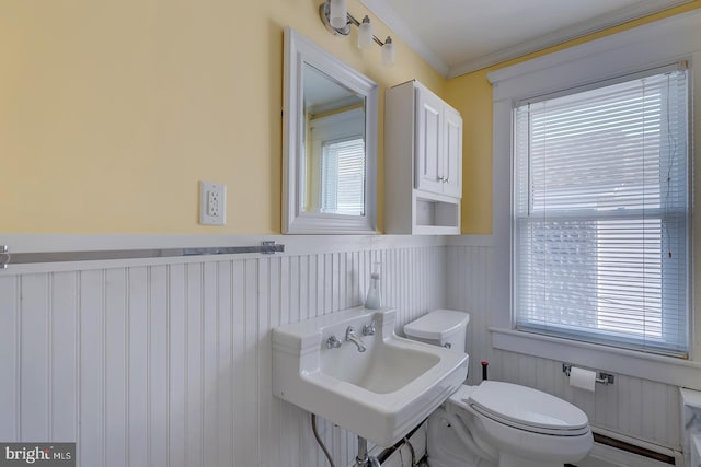 bathroom featuring ornamental molding, sink, and toilet