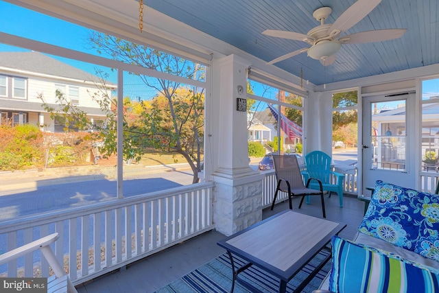 sunroom / solarium featuring ceiling fan and wooden ceiling