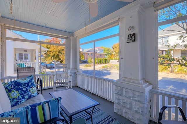 sunroom with wooden ceiling and a healthy amount of sunlight