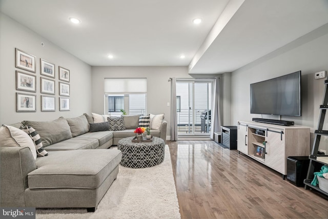 living room with light hardwood / wood-style flooring