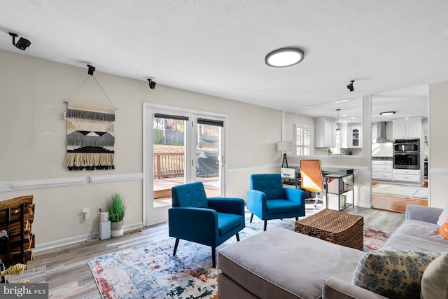 living room featuring light wood-type flooring and a textured ceiling