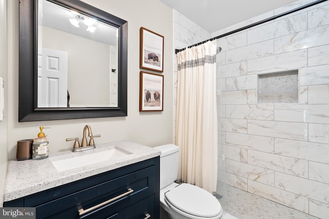 bathroom featuring toilet, vanity, and walk in shower