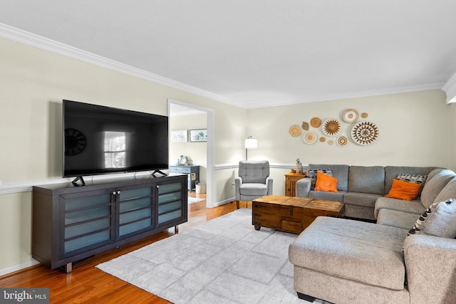 living room featuring light hardwood / wood-style floors and crown molding