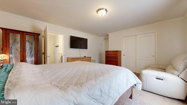 bedroom featuring light colored carpet and ornamental molding