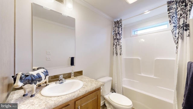 full bathroom featuring toilet, vanity, shower / bath combination with curtain, and ornamental molding