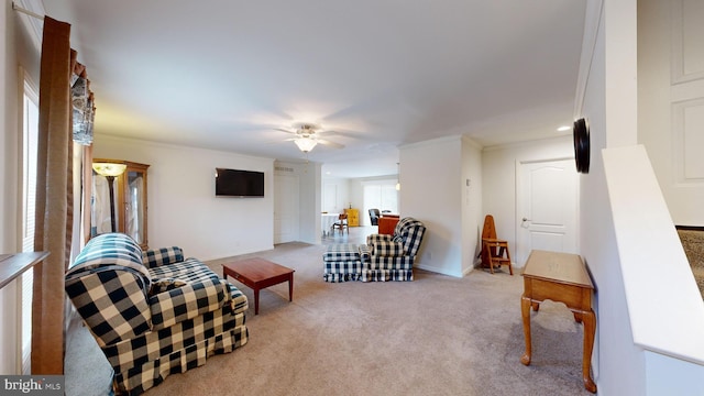 carpeted living room with ceiling fan and crown molding