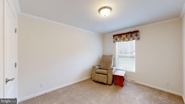 living area featuring carpet and ornamental molding