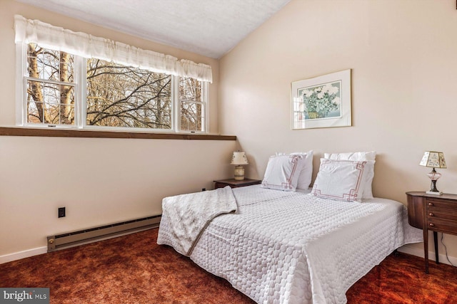 bedroom featuring multiple windows, a baseboard radiator, lofted ceiling, and dark carpet