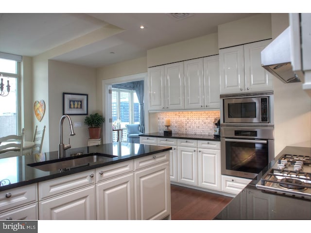 kitchen with appliances with stainless steel finishes, white cabinets, sink, and range hood