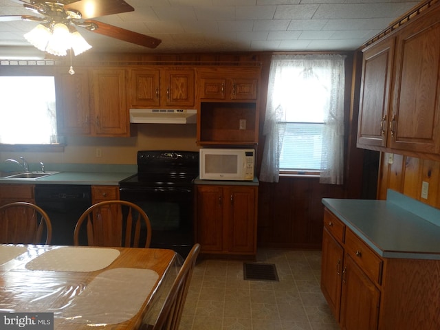 kitchen with ceiling fan, black appliances, sink, and a wealth of natural light