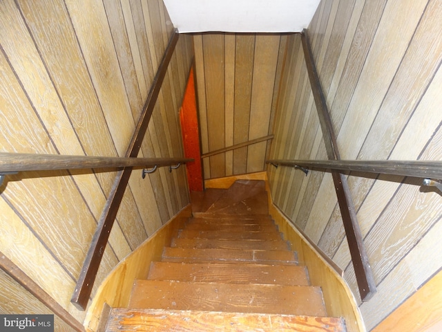 stairway with wood-type flooring and wooden walls