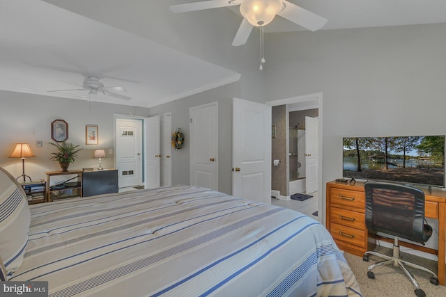 carpeted bedroom with ceiling fan, crown molding, and lofted ceiling