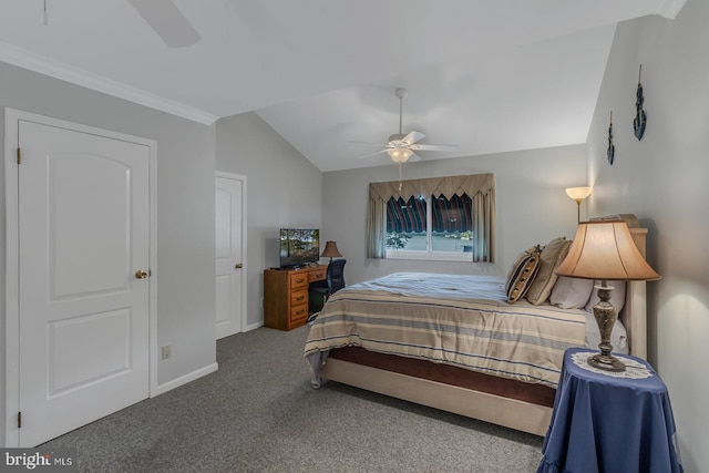 carpeted bedroom featuring lofted ceiling, crown molding, and ceiling fan