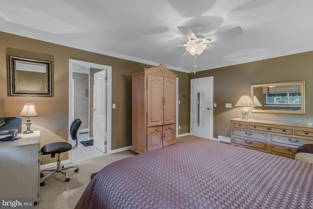 carpeted bedroom with ornamental molding, a baseboard heating unit, ensuite bathroom, and ceiling fan