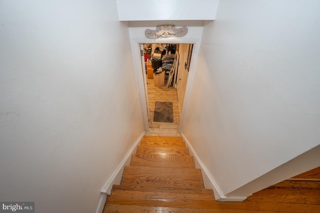 staircase with hardwood / wood-style floors