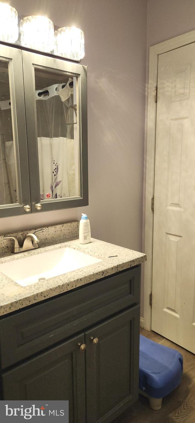 bathroom featuring vanity, a shower with curtain, and hardwood / wood-style flooring