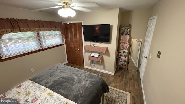 bedroom featuring dark hardwood / wood-style flooring and ceiling fan