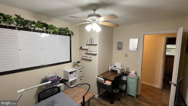 home office featuring dark wood-type flooring and ceiling fan