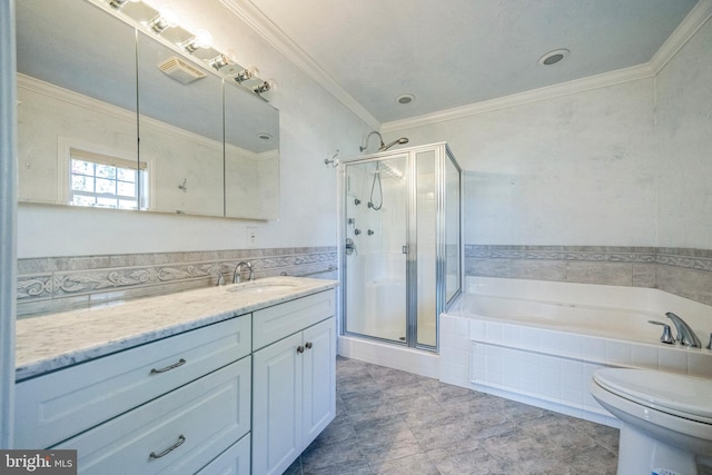 full bathroom with vanity, ornamental molding, toilet, and separate shower and tub