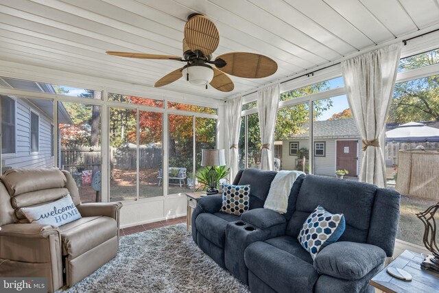 sunroom with wood ceiling, ceiling fan, and plenty of natural light