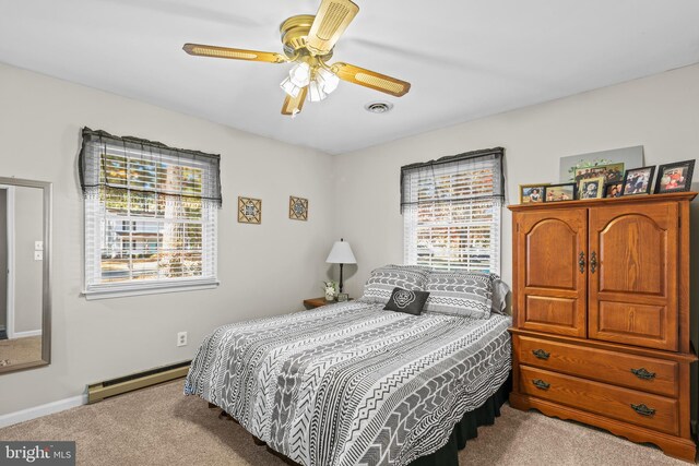 bedroom featuring ceiling fan, light carpet, and baseboard heating