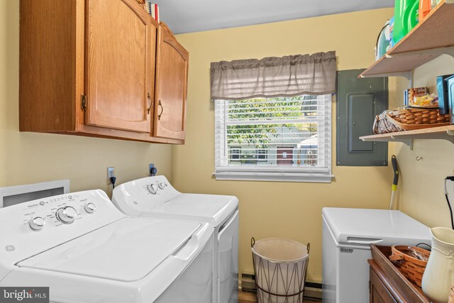 laundry room with cabinets, electric panel, and washer and clothes dryer