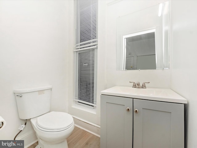 bathroom with vanity, wood-type flooring, and toilet