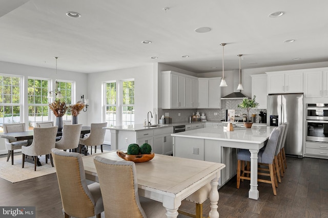 kitchen with appliances with stainless steel finishes, sink, dark hardwood / wood-style flooring, wall chimney exhaust hood, and pendant lighting