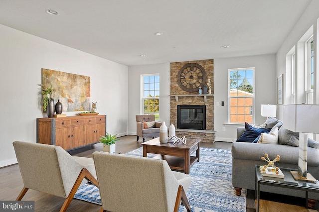 living room with a stone fireplace, hardwood / wood-style floors, and a wealth of natural light