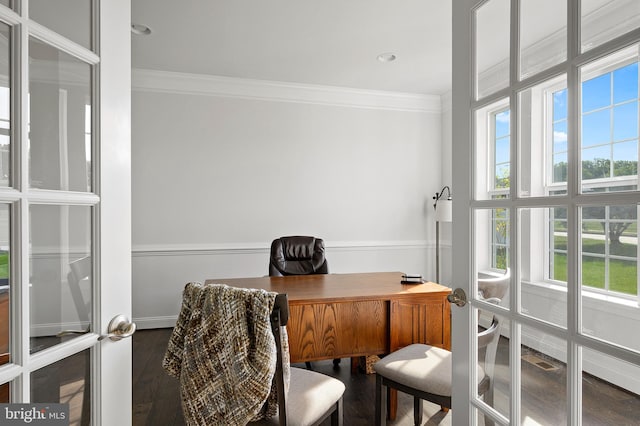 office with french doors, ornamental molding, and dark hardwood / wood-style flooring