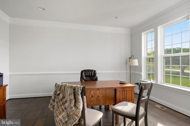 office space with ornamental molding and dark hardwood / wood-style flooring