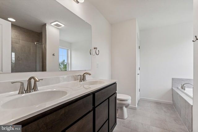 full bathroom with vanity, separate shower and tub, toilet, and tile patterned floors