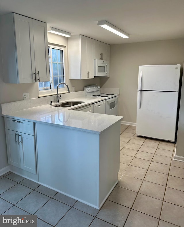 kitchen featuring white appliances, light tile patterned flooring, sink, kitchen peninsula, and white cabinetry