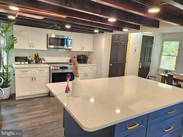 kitchen with dark hardwood / wood-style floors, light stone counters, white cabinetry, and stainless steel appliances