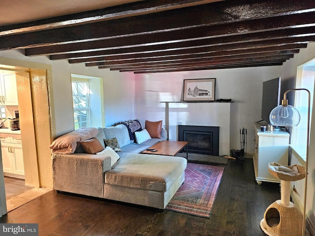 living room with beamed ceiling and wood-type flooring